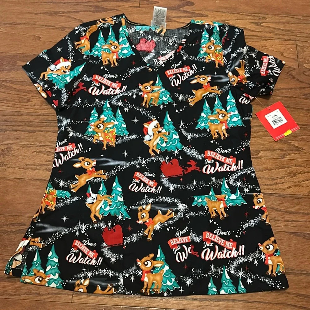 NWT ladies Rudolph the red nosed reindeer scrub top size small